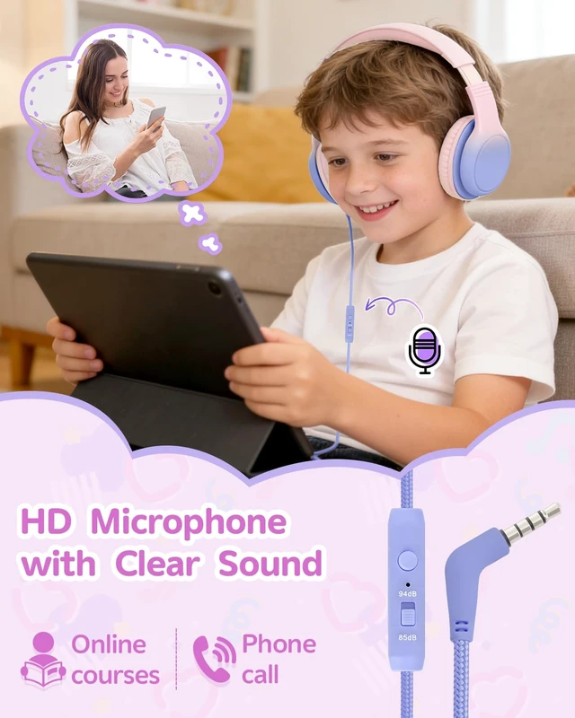 Alt view image 3 of 7 - Over Ear Kids Headphones, HD Mic, Safe Volume Limited Headphones Stereo Sound Headphones with Cord, Foldable 3.5mm Wired Headphones for iPad, Laptop, PC, Pink-Blue