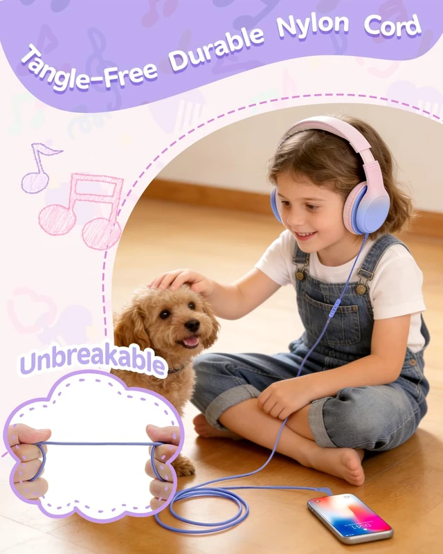 Alt view image 4 of 7 - Over Ear Kids Headphones, HD Mic, Safe Volume Limited Headphones Stereo Sound Headphones with Cord, Foldable 3.5mm Wired Headphones for iPad, Laptop, PC, Pink-Blue