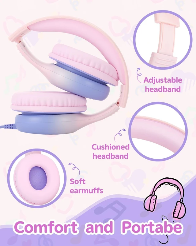 Alt view image 6 of 7 - Over Ear Kids Headphones, HD Mic, Safe Volume Limited Headphones Stereo Sound Headphones with Cord, Foldable 3.5mm Wired Headphones for iPad, Laptop, PC, Pink-Blue