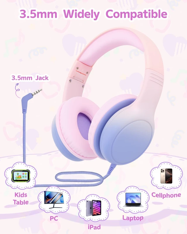 Alt view image 5 of 7 - Over Ear Kids Headphones, HD Mic, Safe Volume Limited Headphones Stereo Sound Headphones with Cord, Foldable 3.5mm Wired Headphones for iPad, Laptop, PC, Pink-Blue