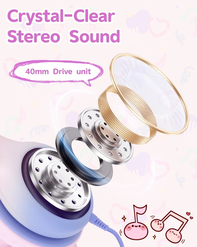 Alt view image 7 of 7 - Over Ear Kids Headphones, HD Mic, Safe Volume Limited Headphones Stereo Sound Headphones with Cord, Foldable 3.5mm Wired Headphones for iPad, Laptop, PC, Pink-Blue