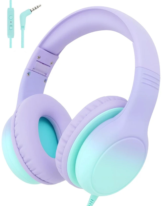 Main image of Over Ear Kids Headphones, HD Mic, Safe Volume Limited Headphones Stereo Sound Headphones with Cord, Foldable 3.5mm Wired Headphones for iPad, Laptop, PC, Purple-Green