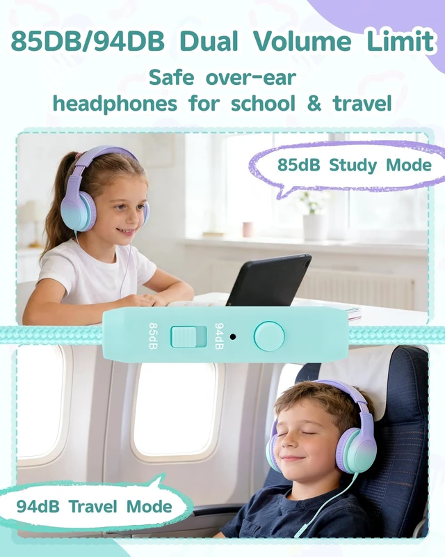 Alt view image 2 of 7 - Over Ear Kids Headphones, HD Mic, Safe Volume Limited Headphones Stereo Sound Headphones with Cord, Foldable 3.5mm Wired Headphones for iPad, Laptop, PC, Purple-Green