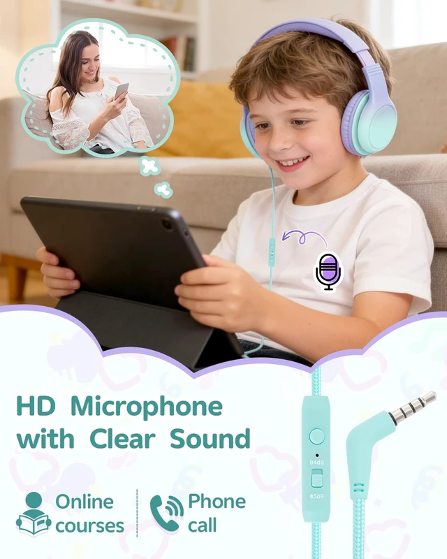 Alt view image 3 of 7 - Over Ear Kids Headphones, HD Mic, Safe Volume Limited Headphones Stereo Sound Headphones with Cord, Foldable 3.5mm Wired Headphones for iPad, Laptop, PC, Purple-Green