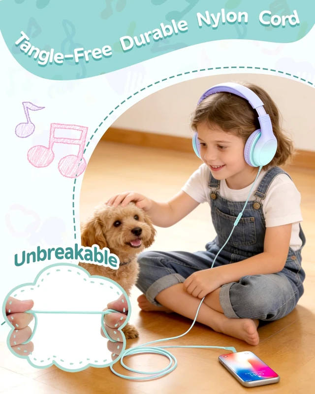 Alt view image 4 of 7 - Over Ear Kids Headphones, HD Mic, Safe Volume Limited Headphones Stereo Sound Headphones with Cord, Foldable 3.5mm Wired Headphones for iPad, Laptop, PC, Purple-Green