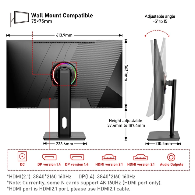 Alt view image 6 of 7 - 27 inch IPS PC Screen, 4K 160Hz Gaming Computer Monitor 3440×1440 Resolution,1ms, FreeSync, 100%sRGB, HDMI 2.1, DisplayPort,Height-adjustable and swivel,Black