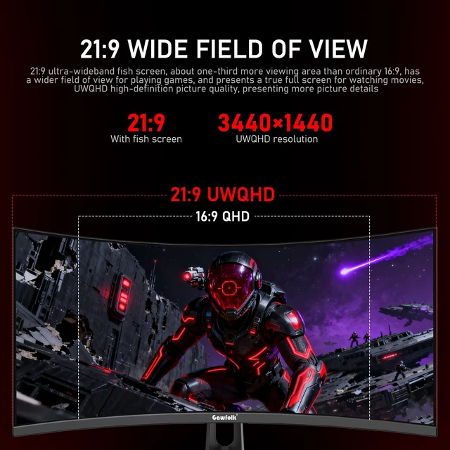Alt view image 2 of 7 - 34 Inch Ultrawide Curved 180Hz Gaming Monitor,UWQHD PC Screen 21:9 aspect ratio,3440x1440 Resolution,1500R,120%sRGB,Adaptive Sync,178° Viewing Angle,Display Port 1.4HDMI 2.0,Black