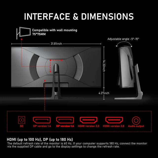 Alt view image 7 of 7 - 34 Inch Ultrawide Curved 180Hz Gaming Monitor,UWQHD PC Screen 21:9 aspect ratio,3440x1440 Resolution,1500R,120%sRGB,Adaptive Sync,178° Viewing Angle,Display Port 1.4HDMI 2.0,Black