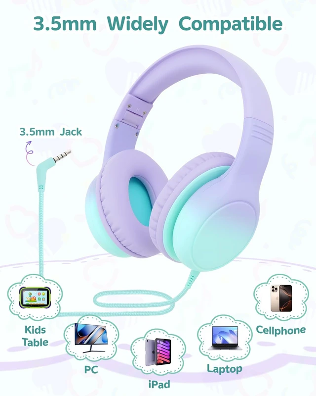 Alt view image 5 of 7 - Over Ear Kids Headphones, HD Mic, Safe Volume Limited Headphones Stereo Sound Headphones with Cord, Foldable 3.5mm Wired Headphones for iPad, Laptop, PC, Purple-Green