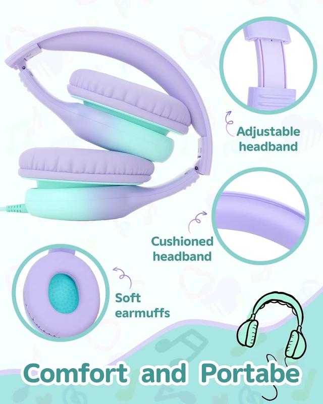 Alt view image 6 of 7 - Over Ear Kids Headphones, HD Mic, Safe Volume Limited Headphones Stereo Sound Headphones with Cord, Foldable 3.5mm Wired Headphones for iPad, Laptop, PC, Purple-Green