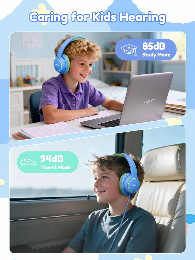 Alt view image 4 of 7 - OHW328 Kids Headphones Wired for School - Over Ear Design 85/94dB Safe Volume, 3.5mm Jack Foldable Headphones for Kids Boys Girls Classroom Yoto Player Chromebook Travel Blue Green