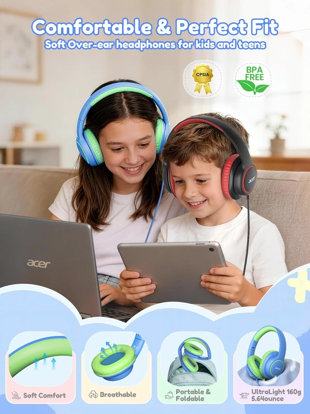 Alt view image 5 of 7 - OHW328 Kids Headphones Wired for School - Over Ear Design 85/94dB Safe Volume, 3.5mm Jack Foldable Headphones for Kids Boys Girls Classroom Yoto Player Chromebook Travel Blue Green