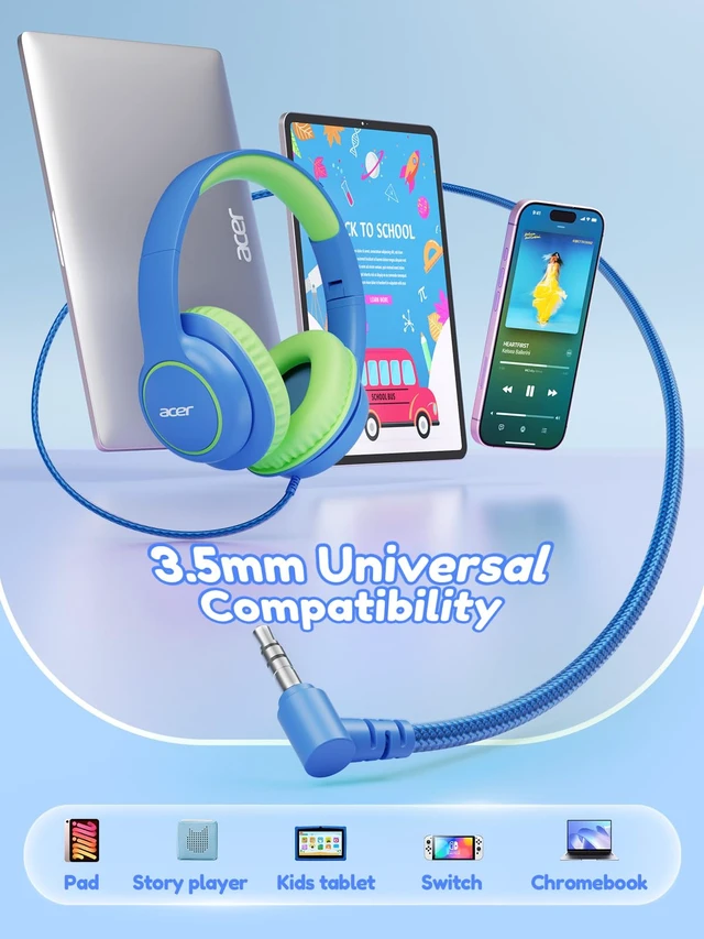Alt view image 6 of 7 - OHW328 Kids Headphones Wired for School - Over Ear Design 85/94dB Safe Volume, 3.5mm Jack Foldable Headphones for Kids Boys Girls Classroom Yoto Player Chromebook Travel Blue Green