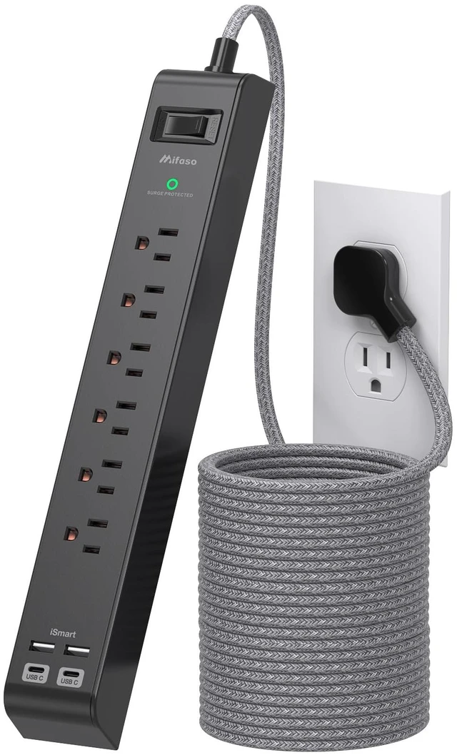 Main image of Surge Protector Power Strip 25FT, 10-in-1 with 6 AC Outlets 4 USB Ports(2 USB-C), Ultra Flat Plug Braided Extension Cord, Wall Mountable, 1080J Surge Protection, ETL Listed, Black