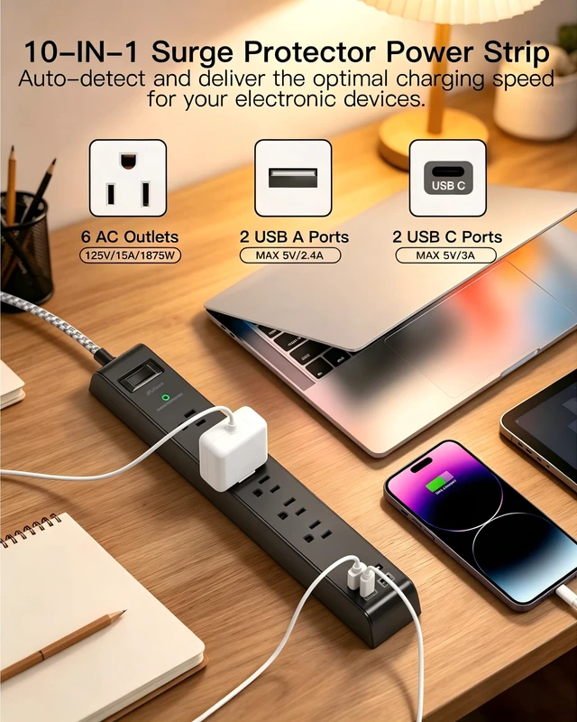 Alt view image 2 of 7 - Surge Protector Power Strip 25FT, 10-in-1 with 6 AC Outlets 4 USB Ports(2 USB-C), Ultra Flat Plug Braided Extension Cord, Wall Mountable, 1080J Surge Protection, ETL Listed, Black