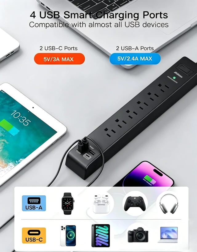 Alt view image 3 of 7 - Surge Protector Power Strip 25FT, 10-in-1 with 6 AC Outlets 4 USB Ports(2 USB-C), Ultra Flat Plug Braided Extension Cord, Wall Mountable, 1080J Surge Protection, ETL Listed, Black