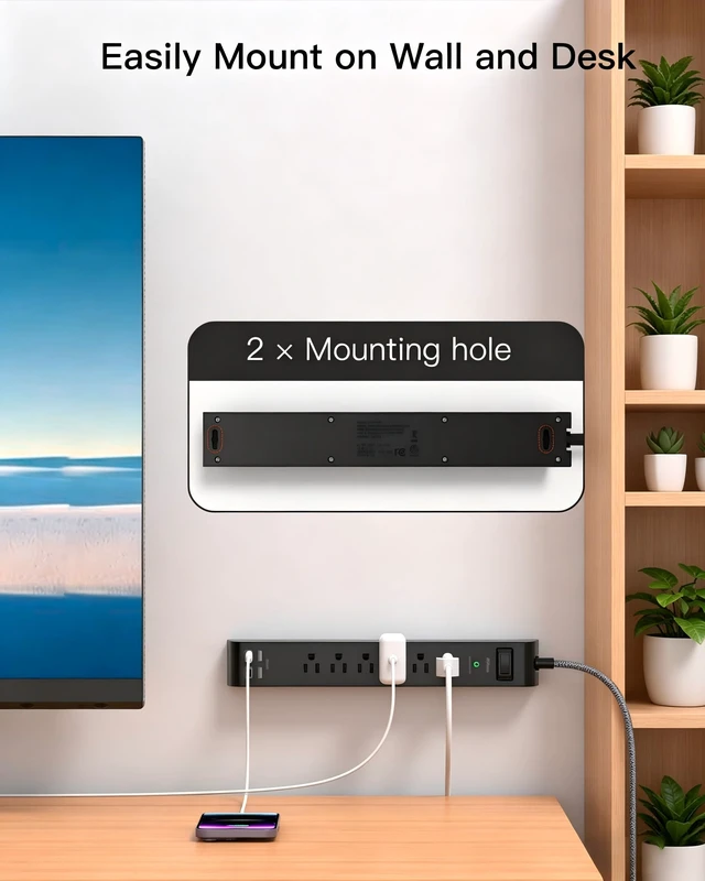 Alt view image 5 of 7 - Surge Protector Power Strip 25FT, 10-in-1 with 6 AC Outlets 4 USB Ports(2 USB-C), Ultra Flat Plug Braided Extension Cord, Wall Mountable, 1080J Surge Protection, ETL Listed, Black