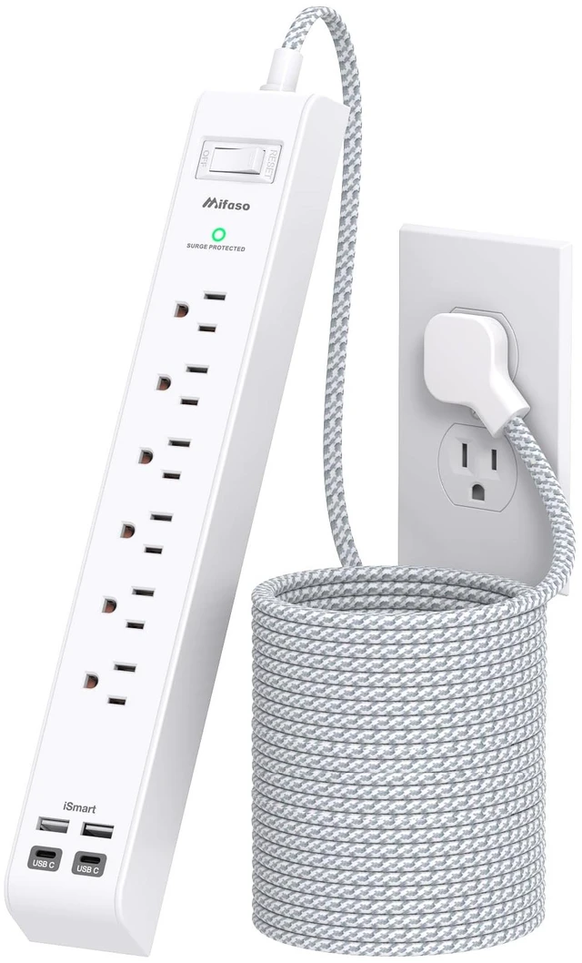 Main image of Surge Protector Power Strip 25FT, 10-in-1 with 6 AC Outlets 4 USB Ports(2 USB-C), Ultra Flat Plug Braided Extension Cord, Wall Mountable, 1080J Surge Protection, ETL Listed, White