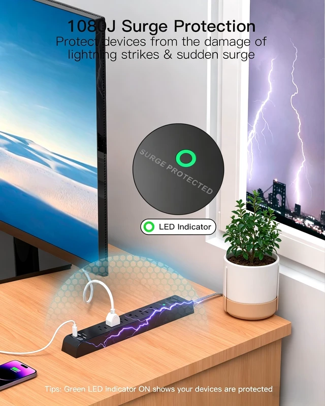 Alt view image 4 of 7 - Surge Protector Power Strip 25FT, 10-in-1 with 6 AC Outlets 4 USB Ports(2 USB-C), Ultra Flat Plug Braided Extension Cord, Wall Mountable, 1080J Surge Protection, ETL Listed, Black