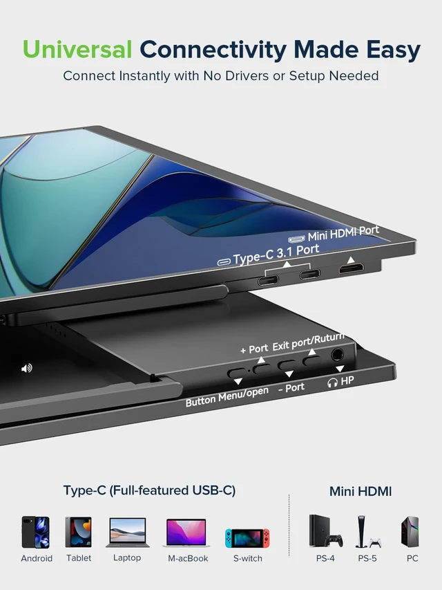 Alt view image 7 of 7 - Portable Monitor Touchscreen 15.6" 10-Point Touch Travel Monitor 1080P IPS 125% sRGB, Stand & Speaker, Ultra-Slim, VESA & Sleeve, Eye Care, USB-C MINI HDMI, For Laptop Phone Game Consoles