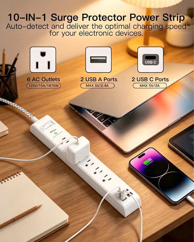 Alt view image 2 of 7 - Surge Protector Power Strip 25FT, 10-in-1 with 6 AC Outlets 4 USB Ports(2 USB-C), Ultra Flat Plug Braided Extension Cord, Wall Mountable, 1080J Surge Protection, ETL Listed, White