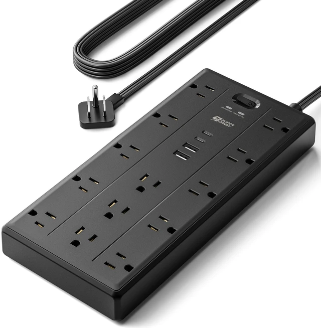 Main image of 6Ft Extension Cord with Multiple Outlets, Flat Plug Power Strip 2100J, 13AC 2 USB C 2 USB A Charging Ports, Surge Protector, Desk Charging Station, Home Office, College Dorm Room Essentials