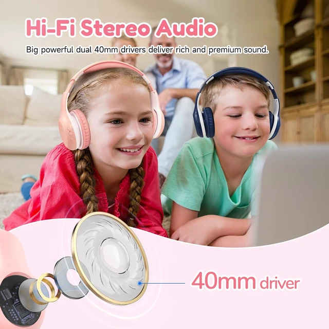Alt view image 2 of 7 - K2 Kids Bluetooth Headphones for School/Travel,Built-in Mic, 2 Packs Volume Limited, 40H Playtime, Stereo Sound, Foldable Over-Ear Headphone for Kids/Toddler/Travel/Tablet, Blue&Pink