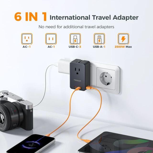 Alt view image 3 of 7 - Universal Travel Adapter 70W, Ultra Thin International Power Adapter 3 USB C 1 USB A, Worldwide Plug Adaptor for USA to Europe UK Italy Ireland Australian France Iceland Germany, Type C G A I