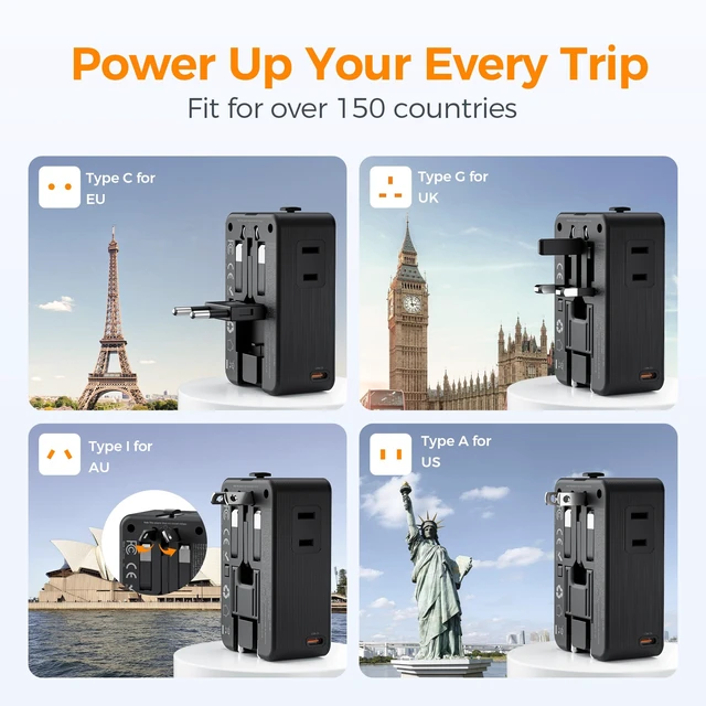 Alt view image 4 of 7 - Universal Travel Adapter 70W, Ultra Thin International Power Adapter 3 USB C 1 USB A, Worldwide Plug Adaptor for USA to Europe UK Italy Ireland Australian France Iceland Germany, Type C G A I