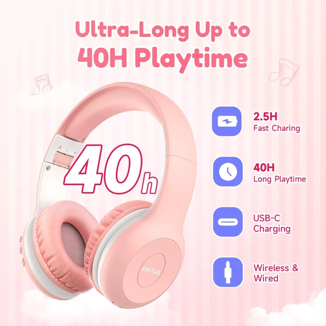 Alt view image 7 of 7 - K2 Kids Bluetooth Headphones for School/Travel,Built-in Mic, 2 Packs Volume Limited, 40H Playtime, Stereo Sound, Foldable Over-Ear Headphone for Kids/Toddler/Travel/Tablet, Blue&Pink