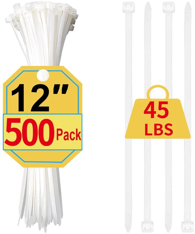 Main image of Zip Ties 12 Inch, 500 Pack, White Cable Ties for Multi-Purpose, Nylon/Plastic Wire Ties for Home Improvement, Office & Outdoor Use (Clear-Colored Style), 45lb Tensile Strength