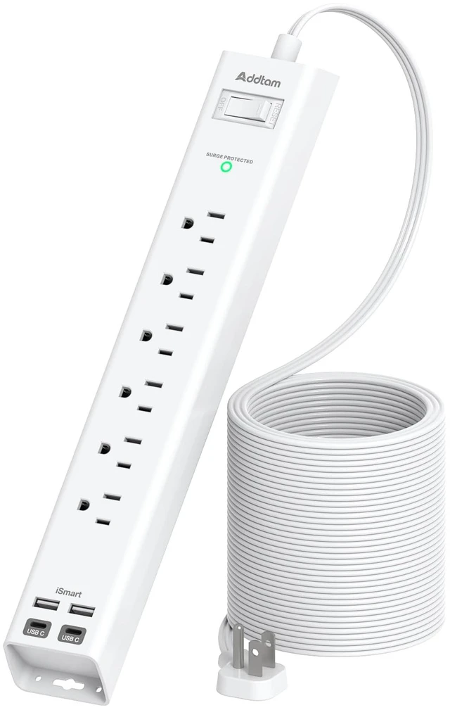 Main image of 10ft Power Strip Surge Protector, 6 Outlets and 4 USB Port (2 USB C) 10 ft Long Extension Cord with Ultra Flat Plug, Wall Mount Desktop Charging Station for Home Office Dorm Room Essentials