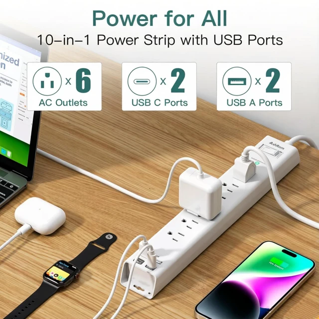 Alt view image 2 of 7 - 10ft Power Strip Surge Protector, 6 Outlets and 4 USB Port (2 USB C) 10 ft Long Extension Cord with Ultra Flat Plug, Wall Mount Desktop Charging Station for Home Office Dorm Room Essentials
