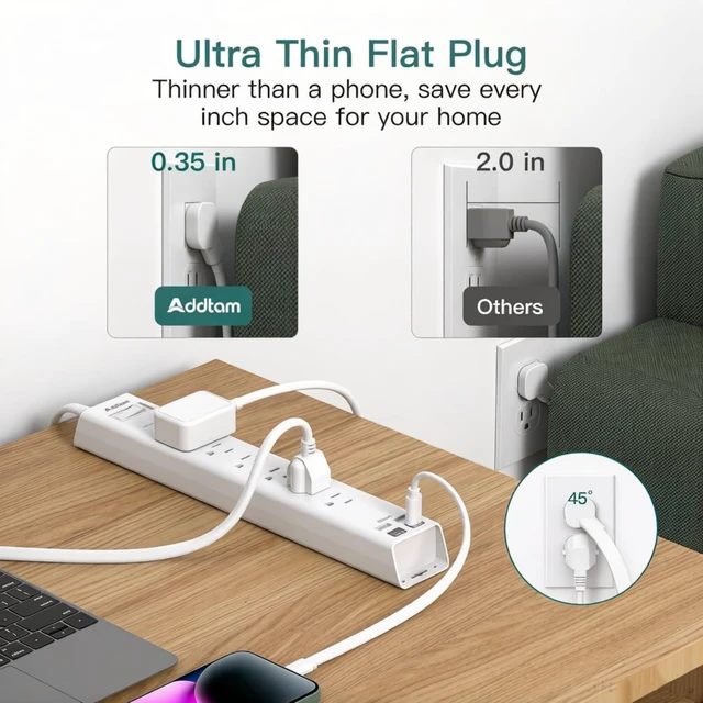 Alt view image 3 of 7 - 10ft Power Strip Surge Protector, 6 Outlets and 4 USB Port (2 USB C) 10 ft Long Extension Cord with Ultra Flat Plug, Wall Mount Desktop Charging Station for Home Office Dorm Room Essentials