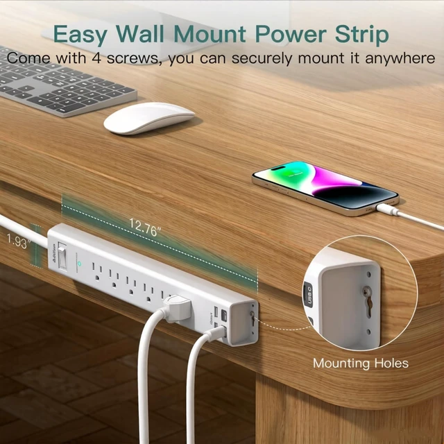Alt view image 4 of 7 - 10ft Power Strip Surge Protector, 6 Outlets and 4 USB Port (2 USB C) 10 ft Long Extension Cord with Ultra Flat Plug, Wall Mount Desktop Charging Station for Home Office Dorm Room Essentials