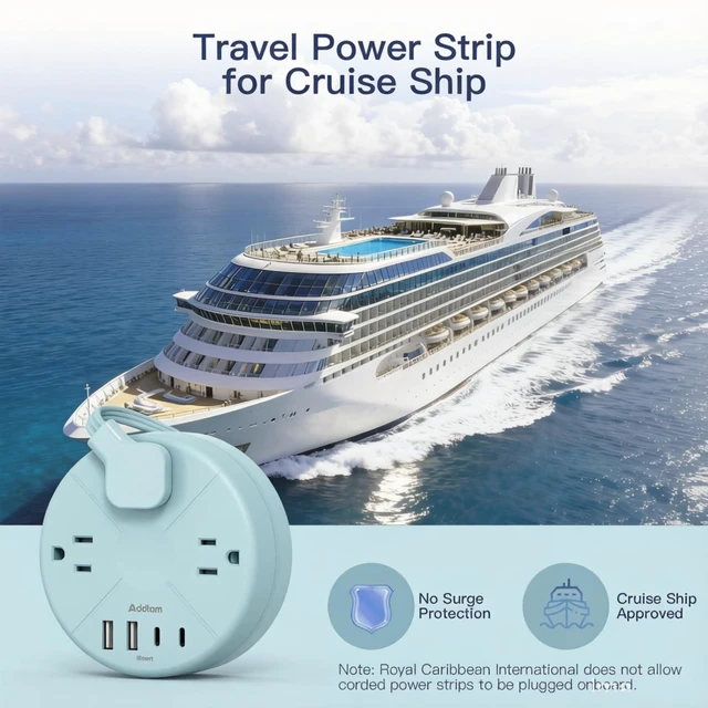 Alt view image 5 of 6 - Travel Power Strip - Cruise Ship Essentials with 5ft Retractable Cord Flat Plug Power Strip, 3 Outlets 4 USB (2 USB C), Non Surge Protector for Travel/Cruise/Home/Dorm/Office, ETL Listed, Blue