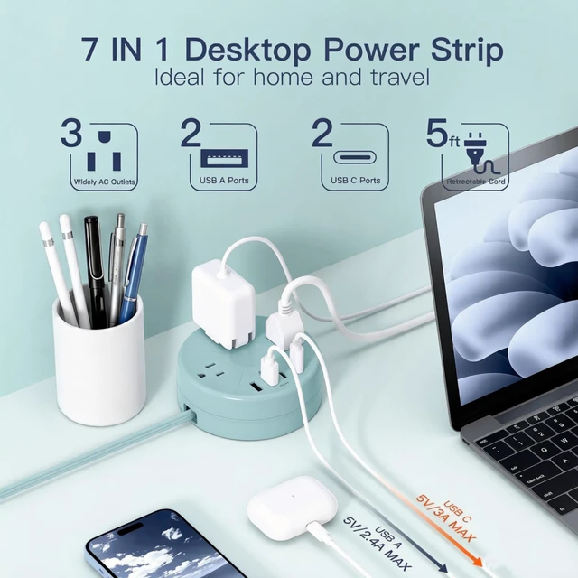 Alt view image 2 of 6 - Travel Power Strip - Cruise Ship Essentials with 5ft Retractable Cord Flat Plug Power Strip, 3 Outlets 4 USB (2 USB C), Non Surge Protector for Travel/Cruise/Home/Dorm/Office, ETL Listed, Blue
