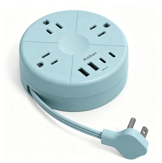 Main image of Travel Power Strip - Cruise Ship Essentials with 5ft Retractable Cord Flat Plug Power Strip, 3 Outlets 4 USB (2 USB C), Non Surge Protector for Travel/Cruise/Home/Dorm/Office, ETL Listed, Blue