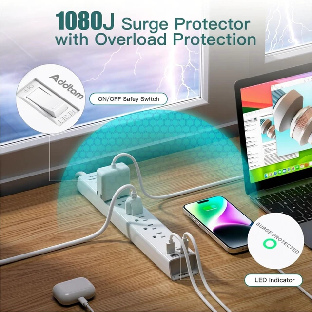 Alt view image 6 of 7 - 10ft Power Strip Surge Protector, 6 Outlets and 4 USB Port (2 USB C) 10 ft Long Extension Cord with Ultra Flat Plug, Wall Mount Desktop Charging Station for Home Office Dorm Room Essentials