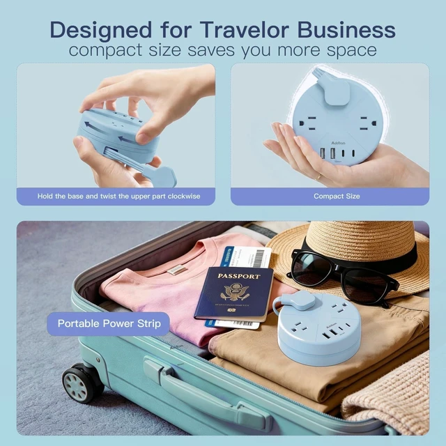 Alt view image 4 of 6 - Travel Power Strip - Cruise Ship Essentials with 5ft Retractable Cord Flat Plug Power Strip, 3 Outlets 4 USB (2 USB C), Non Surge Protector for Travel/Cruise/Home/Dorm/Office, ETL Listed, Blue