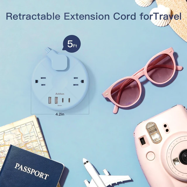 Alt view image 6 of 6 - Travel Power Strip - Cruise Ship Essentials with 5ft Retractable Cord Flat Plug Power Strip, 3 Outlets 4 USB (2 USB C), Non Surge Protector for Travel/Cruise/Home/Dorm/Office, ETL Listed, Blue