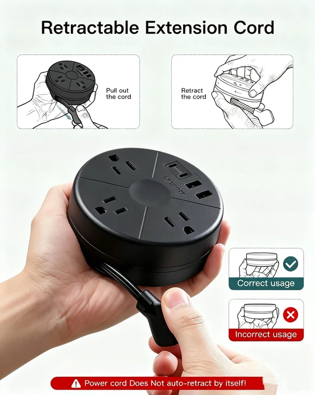 Alt view image 2 of 6 - Travel Power Strip - Cruise Ship Essentials with 5ft Retractable Cord Flat Plug Power Strip, 3 Outlets 4 USB (2 USB C), Non Surge Protector for Travel/Cruise/Home/Dorm/Office, ETL Listed, Black