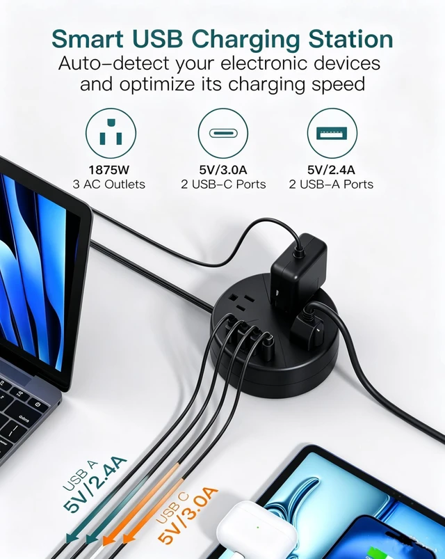 Alt view image 3 of 6 - Travel Power Strip - Cruise Ship Essentials with 5ft Retractable Cord Flat Plug Power Strip, 3 Outlets 4 USB (2 USB C), Non Surge Protector for Travel/Cruise/Home/Dorm/Office, ETL Listed, Black