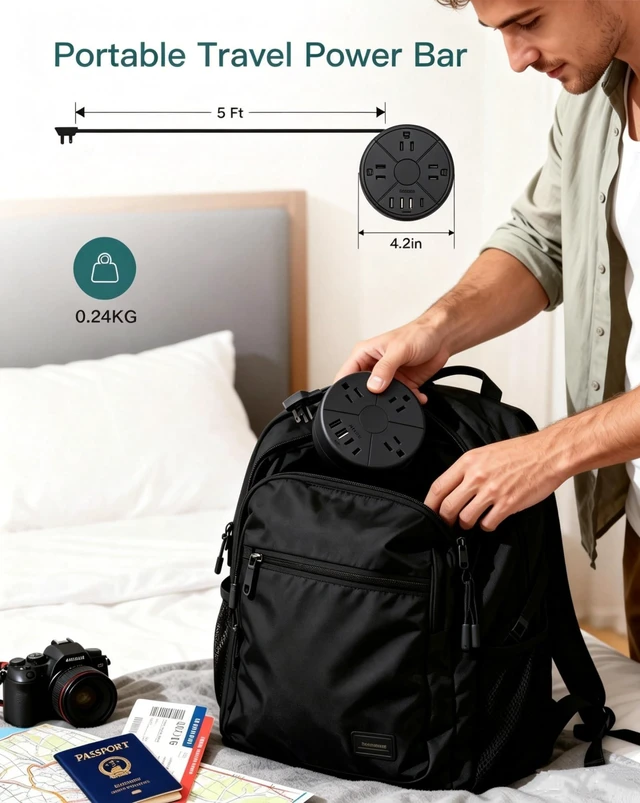 Alt view image 4 of 6 - Travel Power Strip - Cruise Ship Essentials with 5ft Retractable Cord Flat Plug Power Strip, 3 Outlets 4 USB (2 USB C), Non Surge Protector for Travel/Cruise/Home/Dorm/Office, ETL Listed, Black