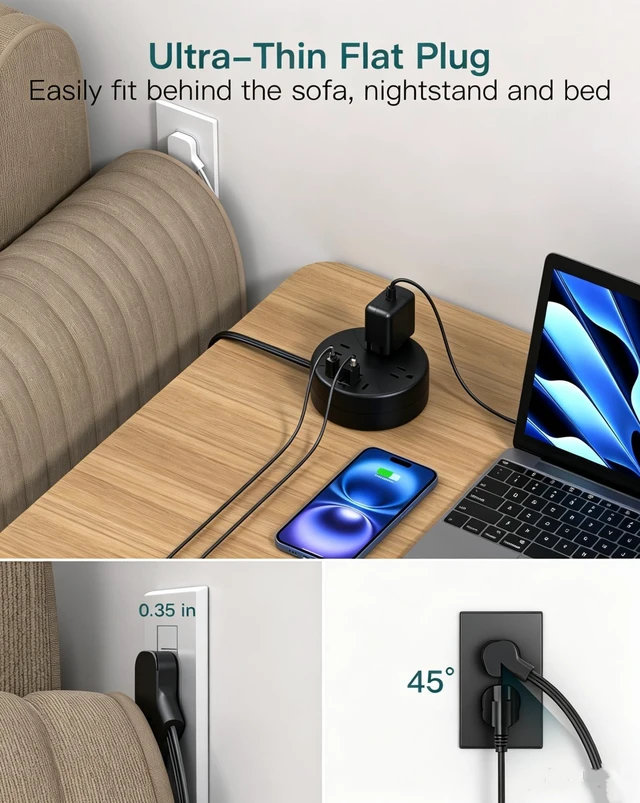 Alt view image 5 of 6 - Travel Power Strip - Cruise Ship Essentials with 5ft Retractable Cord Flat Plug Power Strip, 3 Outlets 4 USB (2 USB C), Non Surge Protector for Travel/Cruise/Home/Dorm/Office, ETL Listed, Black