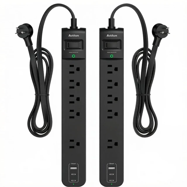 Main image of 2 Pack Power Strip Surge Protector 5 Wide Spaced Outlets 3 USB 2 USB-C Charging Ports, 1875W/15A, 6ft Extension Cord, Flat Plug, Overload Surge Protection, Wall Mount for Home, Office Dorm