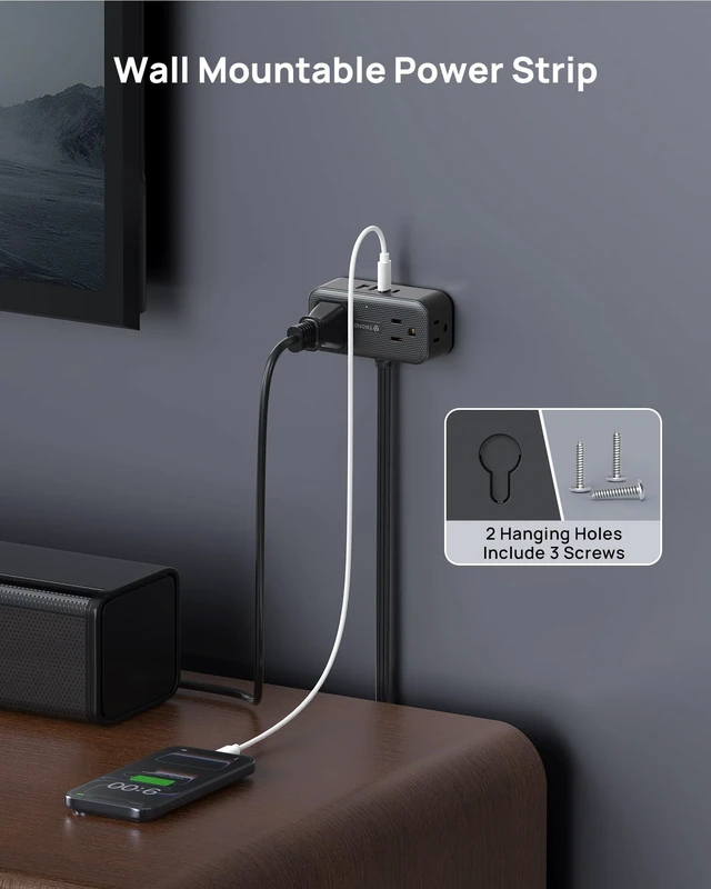 Alt view image 7 of 7 - 360° Rotating Flat Plug Power Strip 5ft, 4 Widely AC Outlets, Black Flat Extension Cord 4 USB Ports (2 USB C), 10A/1250W, Wall Mount, 900J Surge Protector for Office Travel Dorm Room Essentials