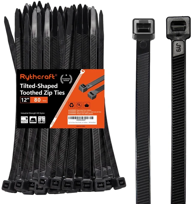Main image of 12" Cable Zip Ties Heavy Duty, 200 LBS Test Tilted Tooth, 80 Pack Tilted Tooth Double Sided Wire Tie,Industrial Strength,Self-Locking,UV-Resistant,UL Listed,Indoor Outdoor Use,Patented Design