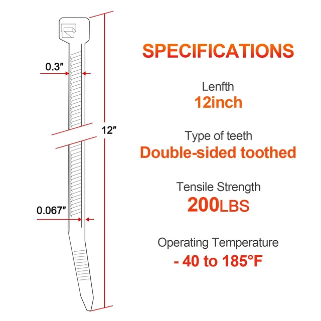 Alt view image 7 of 7 - 12" Cable Zip Ties Heavy Duty, 200 LBS Test Tilted Tooth, 80 Pack Tilted Tooth Double Sided Wire Tie,Industrial Strength,Self-Locking,UV-Resistant,UL Listed,Indoor Outdoor Use,Patented Design