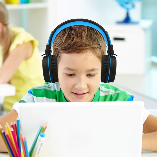 Alt view image 2 of 7 - i37 Kids Headphones for School Child Girls Boys Teens, Black/Blue Foldable Adjustable Lightweight, 3.5mm Audio Jack On Ear Headphones for Smartphones Chromebook Computer PC Tablets Travel